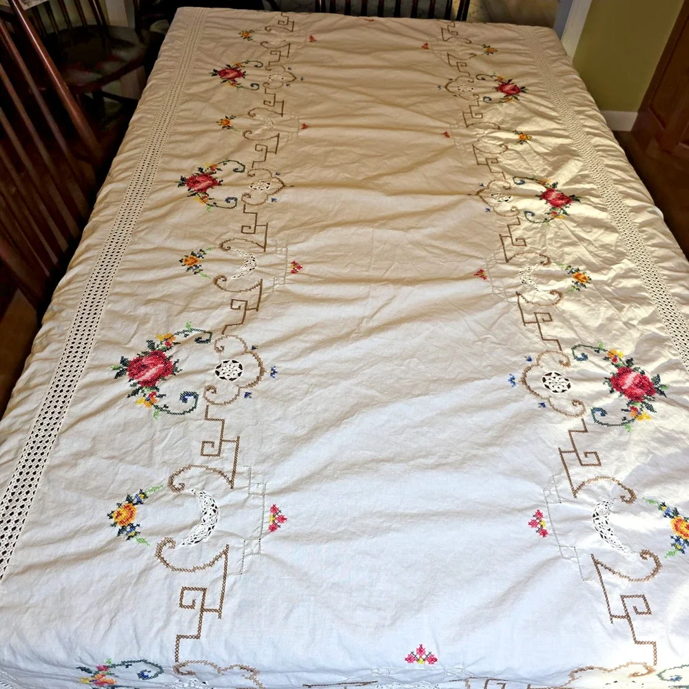 VTG Embroidered Cross Stitch Linen Tablecloth 112x64 White Crochet Edge Handmade